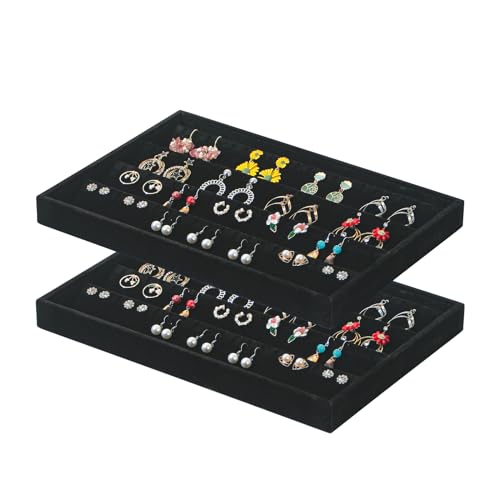 Image of Coward 2PC Black Velvet Stackable Earring Tray Drawer Jewelry Holder Organizer Box Storage Earring Display Stand for Home Drawer or Store Selling (earring+earring)