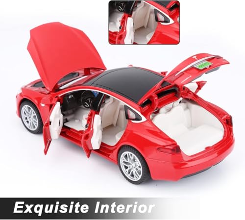 Image of WORSHIPER Car Tesla Model 66063 1:32 Scale Alloy Diecast Model Metal Pull-Back Car with Sound Light and Opening Doors: A Kids' Toy Vehicle Gift (1:32 Tesla - Red)