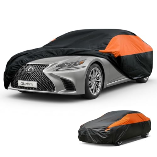 Image of GUNHYI Waterproof Sedan Full Car Cover Custom Fit Lexus LS LS460 LS400 | All‑weather Outdoor sun /rain /dust /snow /wind /UV protection, breathable lightweight fabric, black‑orange design,storage bag