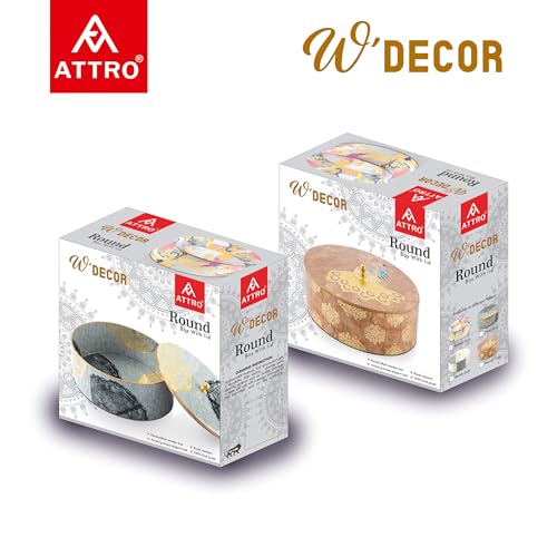 Image of Attro Peacock Gold Designer Wooden Lid Round Multipurpose Box for Kitchen Storage, Chapati, Chocolate