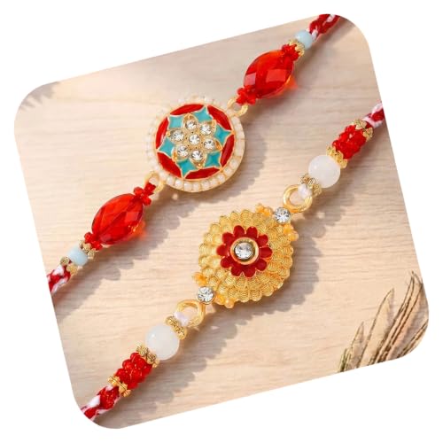 Image of Peora Rakhshabandhan Thread Rakhi for Brother Bhaiya | Kundan Beads & Crystal Studded | Combo Set of 2 | Rakhi Hamper Roli Chawal & Greeting Card