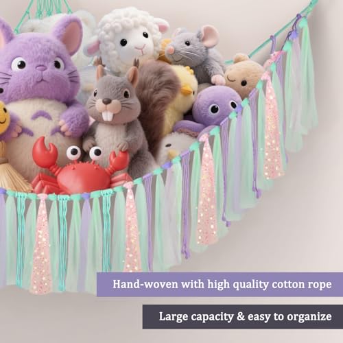 Lunriwis Kuscheltier Aufbewahrung Netz mit LED-Leuchten, Boho Makramee Spielzeug kinderzimmer deko, StofftieStofftier Aufbewahrungstasche Hängematte Aufbewahrung Kuscheltiere Lila