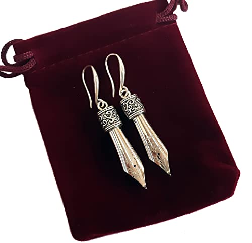Pen Nib Earrings in Silver colour in gift Velvet Pouch with no allergic Sterling Silver 925 Ear Wire Closure