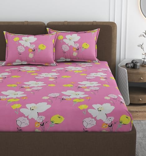 Image of 300 TC Queen Size Bedsheet Cotton Elastic Fitted with 2 Pillow Covers, Size 60x78x8 Inches (Peach Flower)