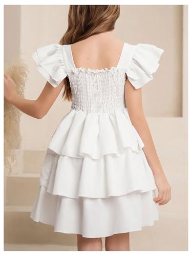 Girl's Square Neck Tiered Layer A Line Dress Cap Sleeve Ruffle Hem Smocked Party Dresses3