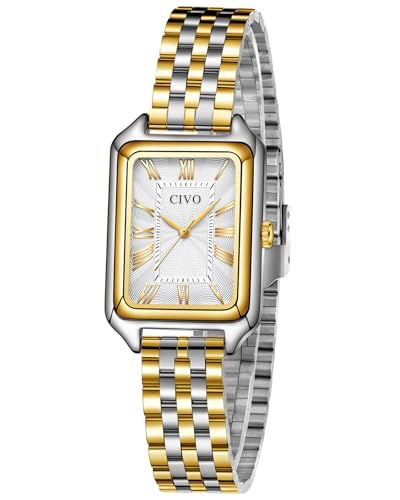 CIVO Montre Doree Femme Vintage: Rectangulaire Analogique Montre Bracelet Acier Inoxydable Cadran Argenté - Cadeau pour Femme Personnalisé Tendance
