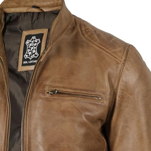 Image of fjackets Mens Leather Jacket - Real Lambskin Cafe Racer Jacket Stand Collar Moto Biker Zip Jacket For Men
