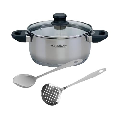 Fackelmann Set de Olla y Utensilios, incluye Olla Baja Acero Inoxidable 20 cm Fackelmann Geneva, Capacidad 2,8 Litros, Espumadera y Cucharón de Acero Inoxidable