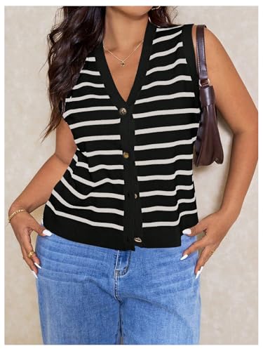 Image of Verdusa Women's Plus Size Old Money Vest Tops 2025 Striped Sleeveless Button Up Sweater Vests