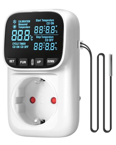 WILAWELS Temperaturregler, Steckdose 230V mit Fühler, Temperaturschalter digital, Thermostat-Steckdose, VA-LCD-Display, 4 Zeitmodi, für Gewächshäuser, Kühlschränke, Aquarien, ZW01TCD06N1 WILAWELS Temperaturregler, Steckdose 230V mit Fühler, Temperaturschalter digital, Thermostat-Steckdose, VA-LCD-Display, 4 Zeitmodi, für Gewächshäuser, Kühlschränke, Aquarien, ZW01TCD06N1