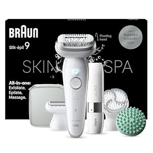 Braun Silk-épil 9 SkinSpa Epilierer Damen, All-in-One Set, Haarentferner für Langanhaltende Haarentfernung, Ladyshaver, Wasserdicht — Inkl. Facespa Gesichtshaarentferner — 9-381, Weiß/Silber