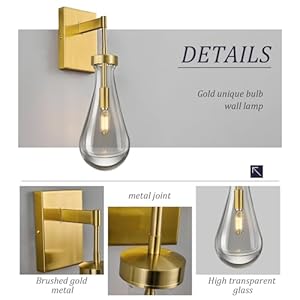 Raindrop Wall Sconces Gold Sconces Wall Decor Modern Brass Wall Lighting Glass Bathroom Sconces Indoor Vanity Light Wall Lamp for Bedroom Living Room Stair 1 Pack