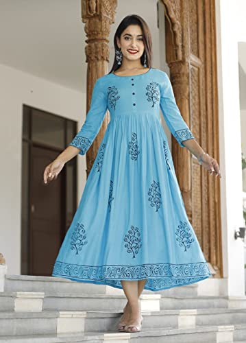 Image of TARANJAL Women's Rayon Anarkali Hand Block Printed Kurti
