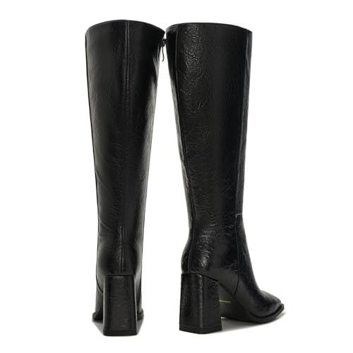 Women's Wide Calf Knee High Boots – Plus Size Faux Leather Tall Boots with Chunky Heel, Square Toe & Side Zipper4