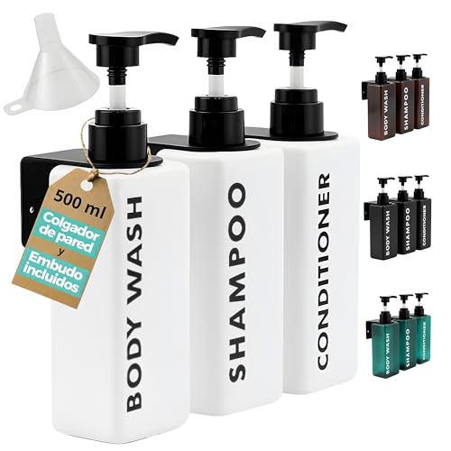 FCINNOVA Dispensador Gel y Champu Ducha Blanco Mate 500ml | Set 3 Botes para Gel y Champu + Acondicionador + Embudo Rellenado + 3 colgadores Pared | Dispensador Jabon Baño Pared Elegante y Sostenible FCINNOVA Dispensador Gel y Champu Ducha Blanco Mate 500ml | Set 3 Botes para Gel y Champu + Acondicionador + Embudo Rellenado + 3 colgadores Pared | Dispensador Jabon Baño Pared Elegante y Sostenible