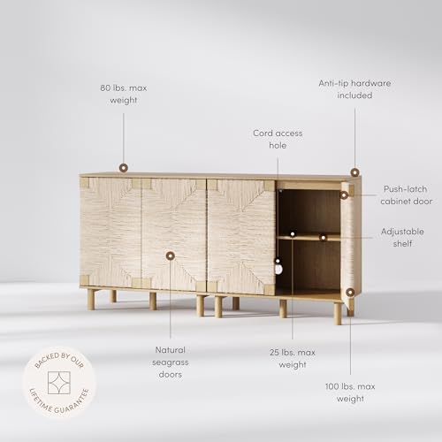Image of Nathan James Beacon Accent Natural Sideboard Storage Cabinet TV Stand in Light Wood with Adjustable Interior Shelf and Seagrass Doors, for Hallway, Entryway or Dining Room, Light Brown, Set of 2