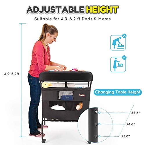 Mobile Baby Changing Table with Wheels, FORSTART Adjustable Height Folding Diaper Station Portable Newborn Clothes Stand with Nursery Organizer & Storage Rack for Infant