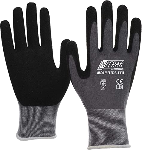 Nitras 3 Paar 8800 FLEXIBLE FIT Arbeitshandschuhe - Schutz-Handschuhe für die Arbeit - EN 388 - Grau/Schwarz - Gr. 8