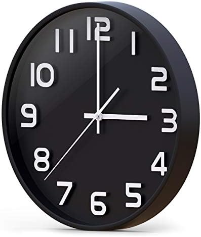 Wall Clock 12 Inch Large Number 3D Silent Quartz Decorative Clocks Modern Round Clocks for Home Bedroom Kitchen School Office Black