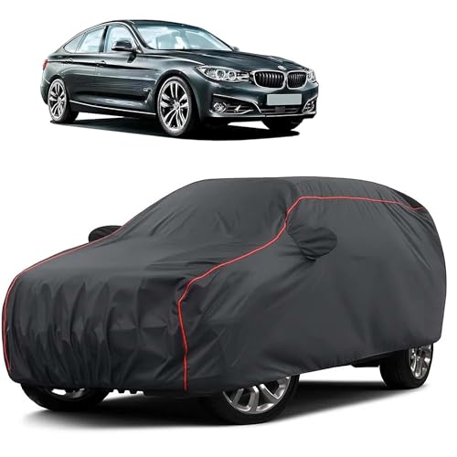 Image of Sulfar 100% Water Resistant Car Body Cover Compatible with Mirror for BMW 3 Series GT (Triple Stitched, Full Bottom Elastic, Dark Grey Taffeta with Red Piping)