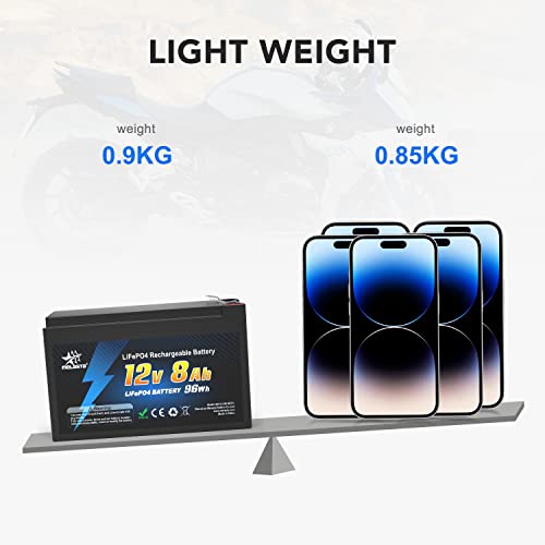 melasta 12V 8Ah LiFePO4 Batterie,BMS Schutz, wiederaufladbar 2000 Zyklen Deep Cycle Lithium Akku,Lithiumbatterie, Perfekter Ersatz für Blei-Säure Batterien für Wohnwagen, Camping, Solaranlage, Boote