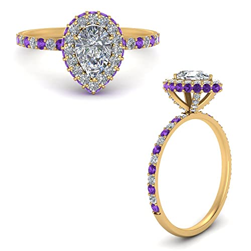 Image of Choose Your Gemstone Pave Rollover Pear Halo Engagement Ring Yellow Gold Plated Pear Shape Halo Engagement Rings Matching Jewelry Wedding Jewelry Easy to Wear Gifts US Size 4 to 12