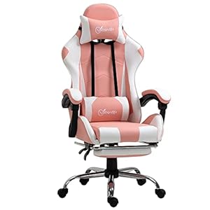 Vinsetto Gamingstoel, ergonomische bureaustoel, computerstoel, gamer stoel met hoofdsteun, lendenkussen, bureaustoel, in hoogte verstelbaar, 360 graden draaibaar, schuim, kunstleer, pvc, roze + wit, 64 x 67 x 119-127 cm