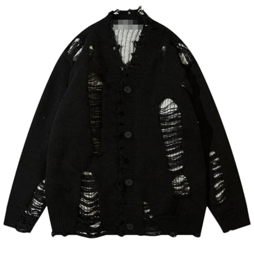 Hollow Out Ripped Sweater Distressed Knit Cardigans Men Oversized Hip Hop Knit Sweaters