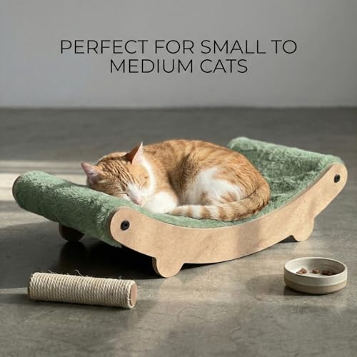 Image of Cat Hammock Bed with Plush Cushion, Wooden Curved Rocker Design, 23x13x6 Inch, Premium Comfort Lounger for Cats (FURR-162) (Green)