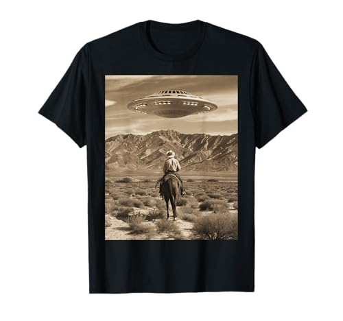 Vintage Retro Cowboy Looking UFO Desert OVNI Joke Mujeres Hombres Camiseta