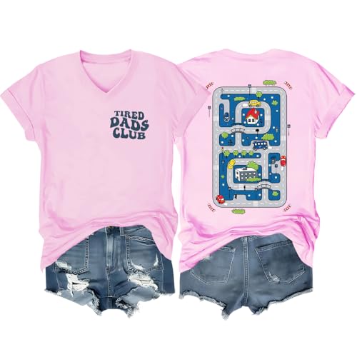 Camiseta con cuello en V para padres cansados, diseño de pista de coches de carreras en la espalda para papá y hombre, rosa, XL