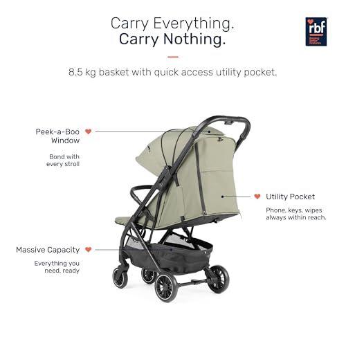 Image of Growgether VELOX Stroller for Baby 0-3 Years (Up to 22 Kg), Travel Ready Size 5 Point Safety Harness, Full Recline, Extended UPF 50+ Canopy, 360 Swivel Wheels, Compact One Click Fold, Mosquito Net, 1 Yr Warranty, Green