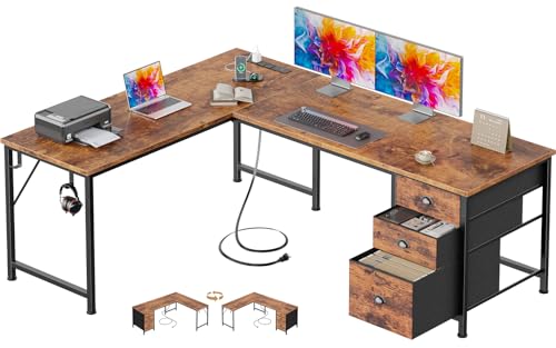 Image of Furologee 63 inch L Shaped Desk with Power Outlets & USB-C Port, Reversible Corner Computer Desk with 3 Fabric Drawers, Hooks, Large Home Office Desk for Gaming, Writing, Work, Rustic Brown