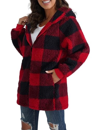 ABINGOO Damen Teddy Fleece Mantel Kariert Warm Winterjacke Kapuzenjacke Flauschig Plüschjacke Reißverschluss Sweatshirt mit Kapuze und Taschen(Rot,L)