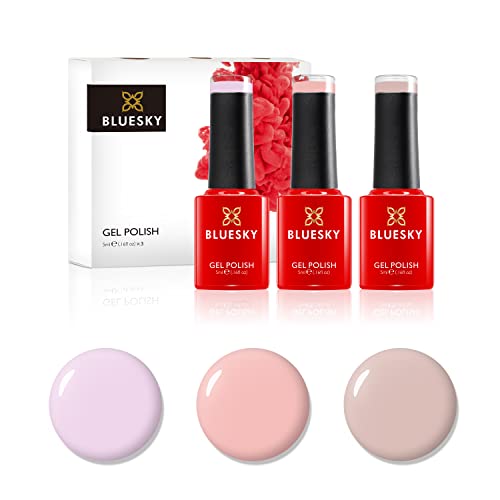 Bluesky Juego de esmaltes de uñas en gel, Natural Nudes, Romantique 80504, Stoned Rose Nd20, Peach Nude A095, 3 x 5 ml, rosa, pastel, nude (requiere curado bajo lámpara UV o LED)