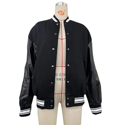 Eaktool Windbreaker Jacket Women, Winter Jackets For Women Womans Down Jacket Plaid Coat 'S Vintage Varsit Jacket Long Sleeve Oversized Coats Letter Print Baseball Jacket (L, Black) #TOP4