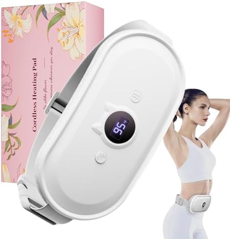 Portable Heating Pad for Period Cramps Relief Vibrating Menstrual Heating Belt for Women, Rechargeable Fast Heat with 7 Heat Levels and 7 Modes for Menstrual, Pain Relief for Back & Stomach - White