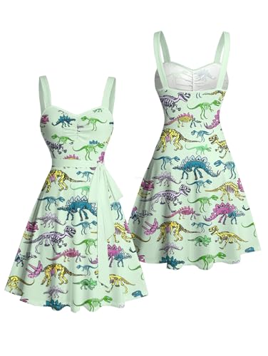 DRESSFO Couple Matching Hawaiian Outfits Cute Dinosaur Print Sleeveless Mini Dress or Men's Vocation Roll Up Sleeve Shirts4