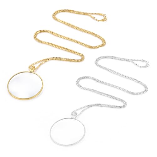 2PCS Magnifying Glass Necklace Monocle Pocket Magnifying Glass for Reading Jewelry Magnifier Monocle Costume Wearable Magnifying Glasses with Long Chain for Reading Gift - Silver & Gold