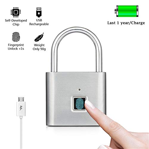 Preisvergleich Produktbild WOOTZ Smart-Vorhängeschloss, elektronisch, Fingerabdruck-Schloss, schlüssellos, wiederaufladbar, mit USB, Zinklegierung, selbstentwickelnder Daumenabdruck, Herren, Silber, 10 Fingerprint