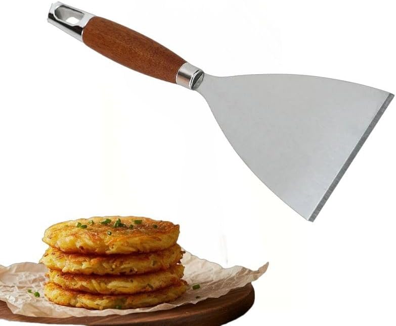 1Pcs, Multipurpose Stainless Steel Griddle Scraper Spatula – Flat Top BBQ & Grill Cleaning Tool with Comfortable Wooden Handle, Ideal for Cast Iron, Outdoor Cooking, Oven, Kitchen.