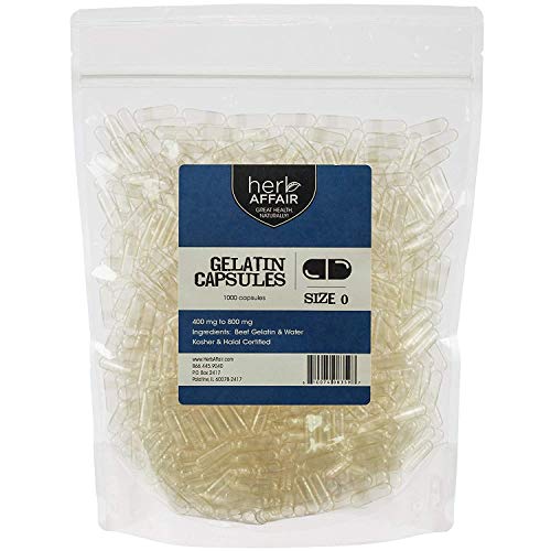 Herb Affair Clear Empty Gelatin Capsules Size 0-1000 Count - Holds 400-800mg - Great for Dogs and Kids Medication - Works with Most Capsule Fillers