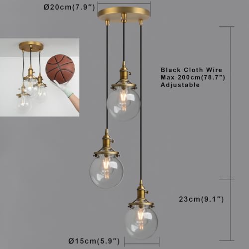 Image of Phansthy 3-Light Cluster Pendant Light, Antique Brass Chandelier with 5.9 inch Globe Glass Shade, Foyer Chandeliers Entryway High Ceiling Staircase Lights (Antique)
