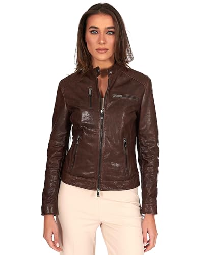 D'Arienzo Chaqueta de Cuero de Cordero Marron oscuropara Mujer calzadora Modelo Biker Vintage Cuero Autentico Made in Italy Giulia Dark Brown/3XL