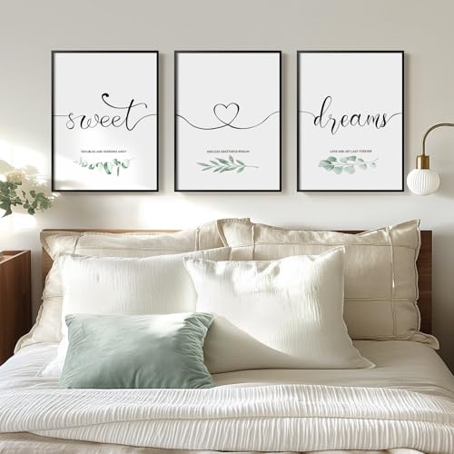 Framed 3 Piece Wall Art Bedroom, Sweet Dreams Signs Pictures Wall Decor Above Bed, Modern Minimalist Master Guest Room Wall Decor, Painting Print Script White Canvas Artwork for Walls, 12x16 Inch