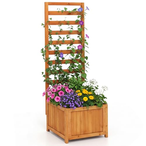 COSTWAY Blumenkasten mit Rankgitter, Pflanzkasten für Kletterpflanzen, Hochbeet mit Spalier, Liner & Ablauflöchern, Blumenkübel für Garten Balkon, Gartenspalier Rankkasten Holz, 123 cm hoch (Orange)