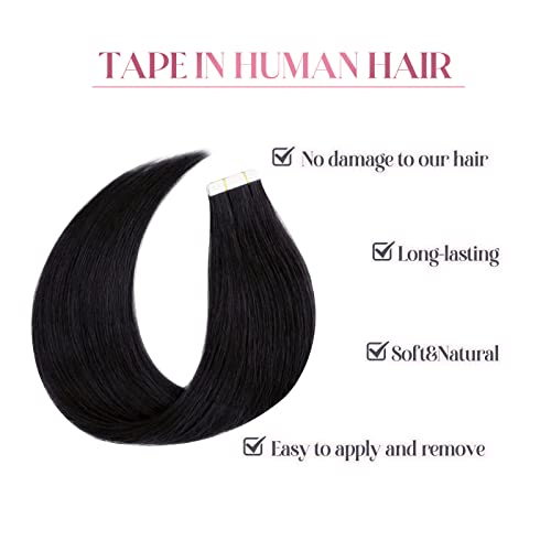 Image of Sixstarhair Jet Black Tape In Hair Extensions Human Hair 20 Pieces Natural Black Hair Extensions Made of 100 Remy Human Hair and Double Side Tape [Color 1 Jet Black 16inch]