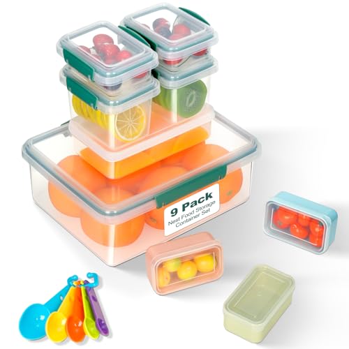 VINATO Juego de 9 Recipientes Herméticos para Alimentos, Apto para Congelador, Apto para microondas, Apilables, con 5 Cucharas, Sin BPA