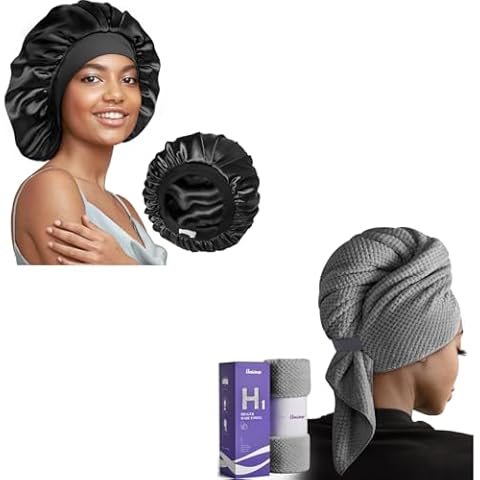 Umisleep Extra Large Microfiber Hair Towel and Real Silk Bonnet Cover