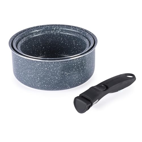 Russell Hobbs RH03293EU7 Juego de cacerolas de Smart Clip - 3 ollas antiadherentes con asa extraíble, para horno y placas de inducción, ahorro de espacio apilable, 16/18/20 cm, Nightfall Stone